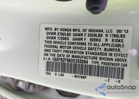 2013 Honda Civic Ex-L z USA, uszkodzony, nr VIN 19XFB2F98DE255594